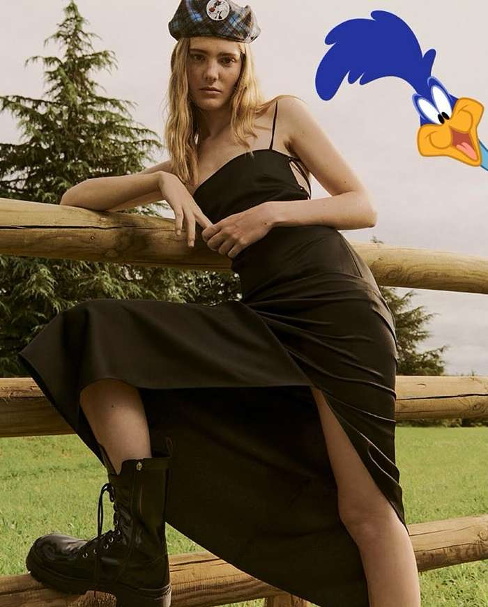 A woman in a black dress poses in front of a wooden fence with green grass and trees in the background, a cartoon Roadrunner image in sky.