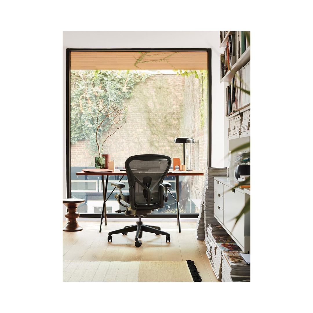 Ergonomic office chair in front of desk with lamp and vase; natural light from window with plants, white shelving unit.