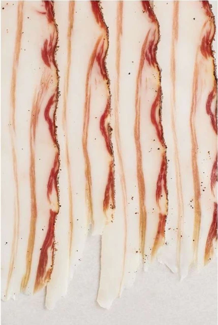 Slices of white and pink cured meat are displayed in a flat lay with neutral lighting, showcasing the texture and marbling of the meat.