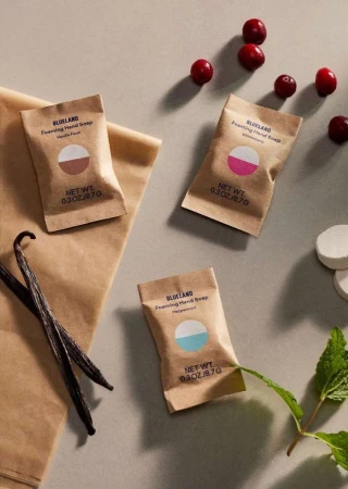 Three Blueland foaming hand soap packets in vanilla, winterberry, and peppermint scents are scattered with vanilla beans, mint, and cranberries.