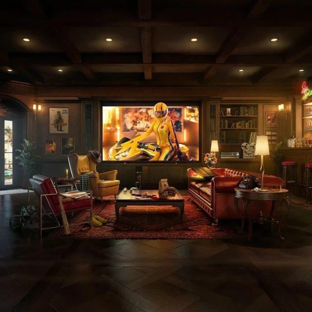 Cozy living room with a film still on a large screen featuring a woman in yellow on a motorcycle, surrounded by warm lighting and vintage decor.