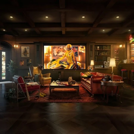 Cozy living room with a film still on a large screen featuring a woman in yellow on a motorcycle, surrounded by warm lighting and vintage decor.