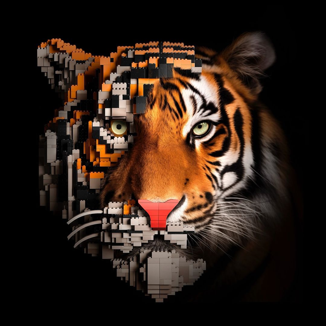 Digital art composite of tiger face: half photographic realism, half voxelated art with LEGO brick effect on a dark backdrop.