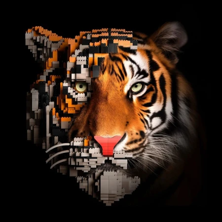 Digital art composite of tiger face: half photographic realism, half voxelated art with LEGO brick effect on a dark backdrop.
