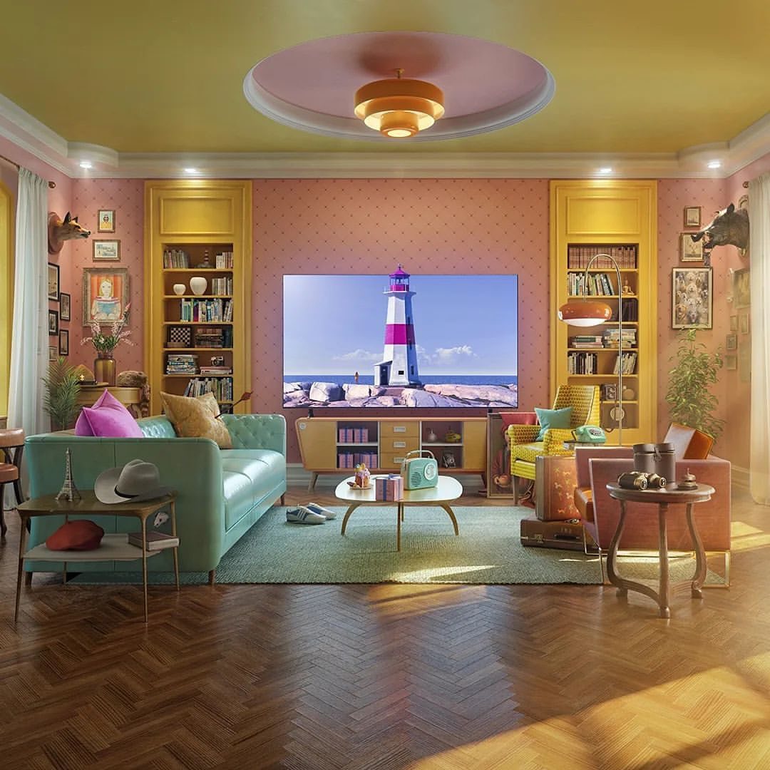 Eclectic living room interior with teal couch, patterned wallpaper, and TV displaying a lighthouse, creating a cozy and inviting space.