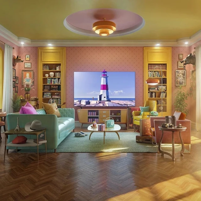 Eclectic living room interior with teal couch, patterned wallpaper, and TV displaying a lighthouse, creating a cozy and inviting space.