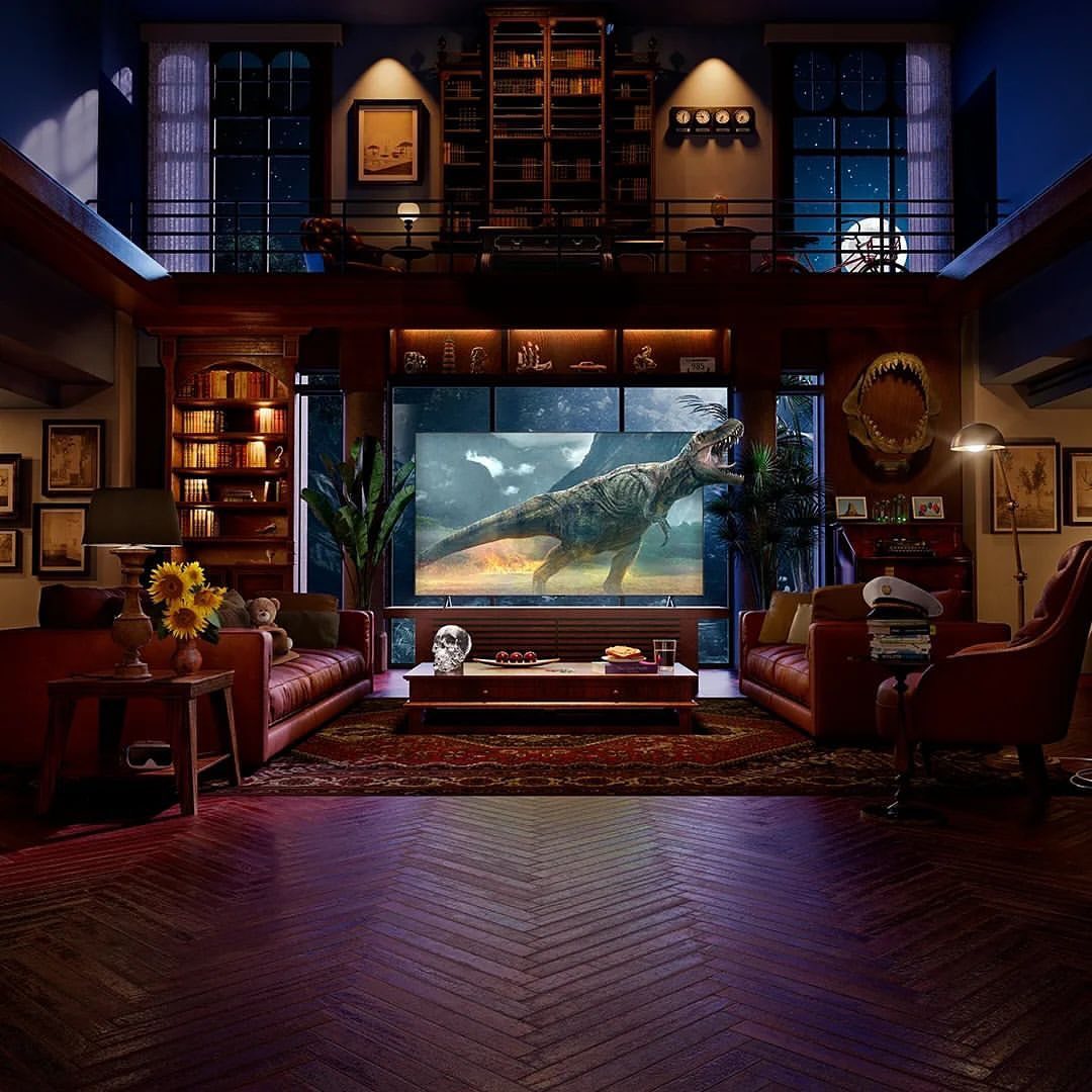 Living room scene featuring a large screen TV displaying a dinosaur, surrounded by bookshelves and sofas, creating a cinematic atmosphere.
