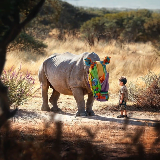 A child stands before a large rhinoceros, its face adorned with colorful block art, set against a backdrop of arid grassland.