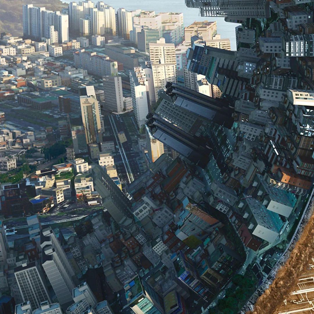 Aerial view of a dense cityscape with a mix of high-rise buildings and low-rise structures, rendered in a style reminiscent of digital art.