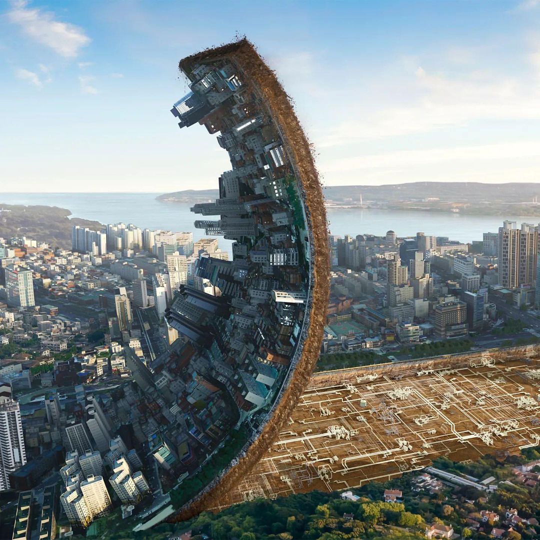 Surreal cityscape featuring an arc of buildings and a river with blue sky and some trees, creating an imaginative urban scene.