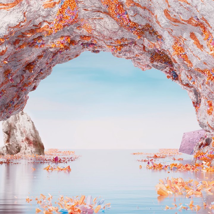 Scenic view of a cave opening overlooking tranquil water, with unique rock formations and a serene, dreamlike atmosphere.