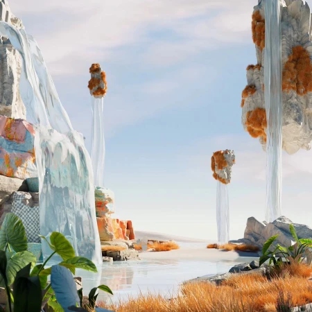 Surreal landscape featuring rocky formations with waterfalls and tropical plants set against a serene sky with floating rock islands.