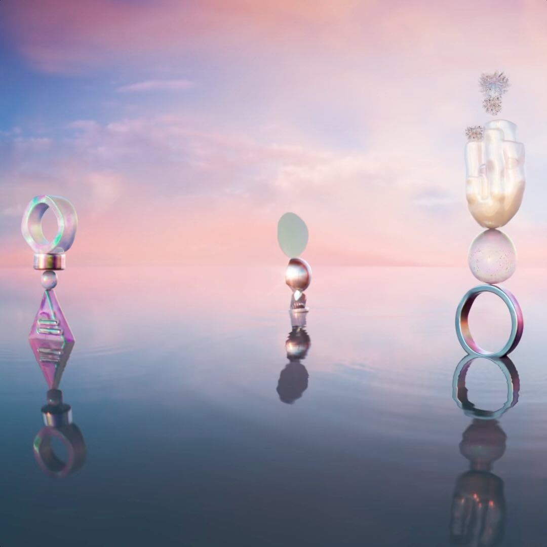Dreamy CGI rendering of stacked iridescent geometric shapes reflected on calm water, set against a pastel pink and blue sky at sunset.