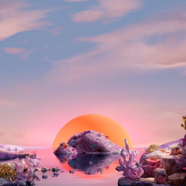 Fantasy island landscape with coral, pink sunset, and cloudy sky creates a dreamlike, surreal vista. Colorful, whimsical scene.