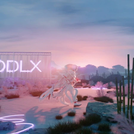 A figure in white futuristic gear runs across a pink-toned desert towards a neon-lit sign, captured in a digitally rendered art piece.