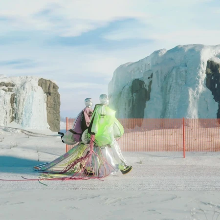 Two mannequins wear futuristic neon and iridescent outfits in a snowy arctic landscape, set against a backdrop of ice formations.