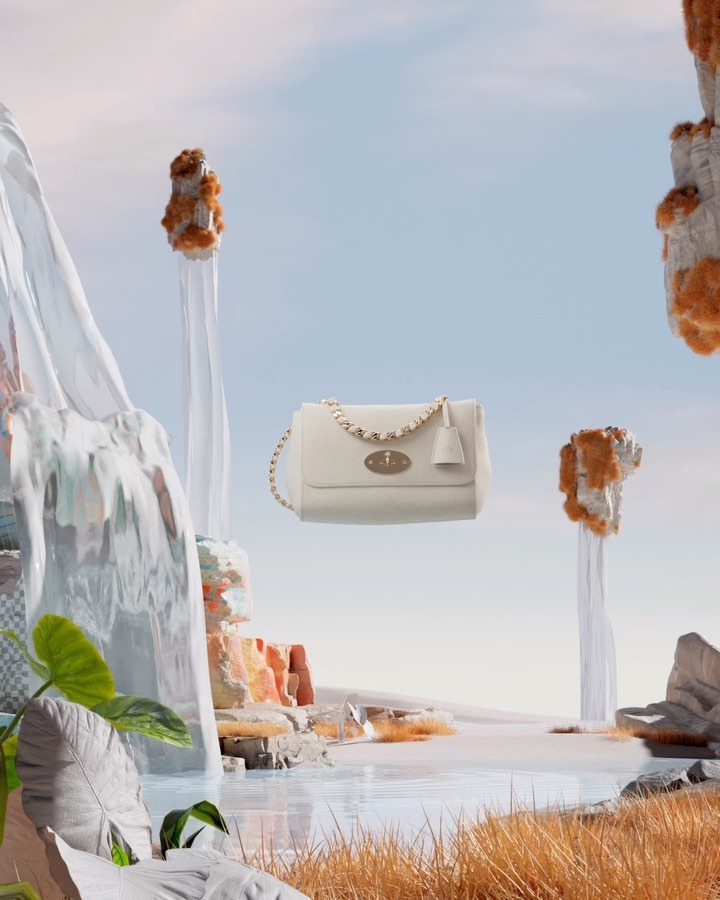 Digital art showcases a designer handbag with a chain strap, suspended in a serene landscape with fantastical rock formations and water features.