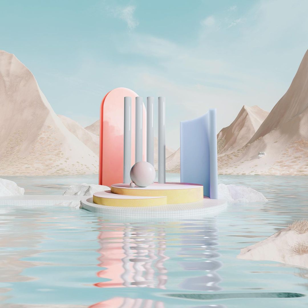 Abstract pastel rendering of geometric shapes on a platform surrounded by water, with mountains in the background under a blue sky.