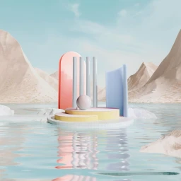 CGI render of abstract geometric podiums in pale water surrounded by sandy mountains under a clear sky.
