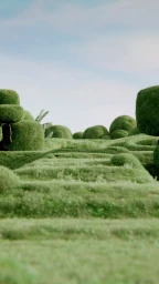 CGI digital artwork by Pleid Studio showing sculpted green topiary mounds and rolling grassy hills under a pale sky.