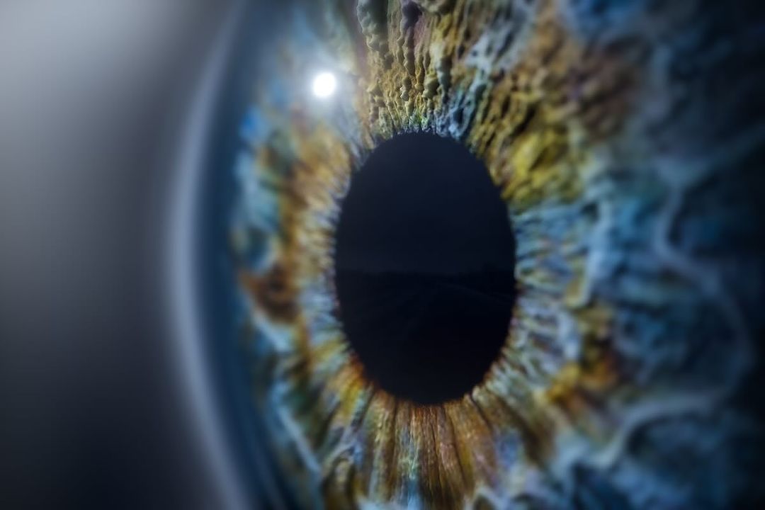 Macro photograph of a human eye featuring a black pupil, blue and brown iris, and a specular highlight creating a sparkle effect.