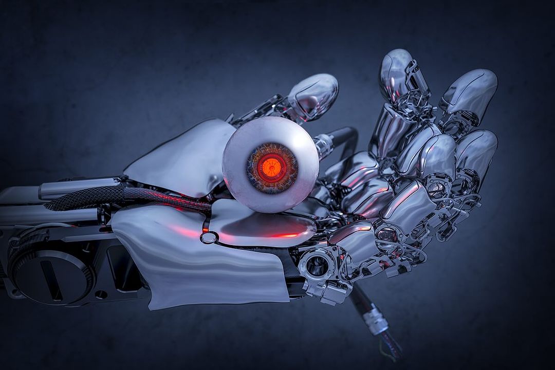 Illustration of a robotic hand holding an eyeball with intricate details. Silver metal components and a blend of blue and gray tones.