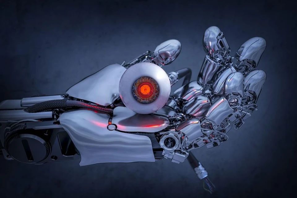 Illustration of a robotic hand holding an eyeball with intricate details. Silver metal components and a blend of blue and gray tones.