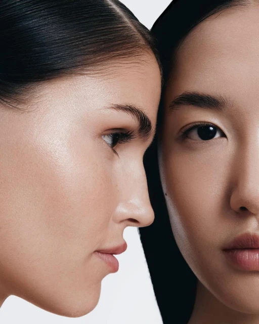 Close-up studio shot features two Asian adult females with elegant makeup, facing each other with a stark contrast of light and dark backdrop.
