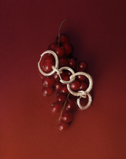 Still life studio shot of linked silver earrings with red currant berries on a red gradient backdrop, high-angle product photo.