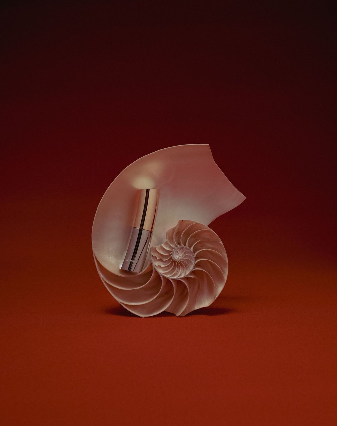 Product shot featuring makeup in a nautilus shell with an orange and red background, emphasizing luxury and beauty product presentation.