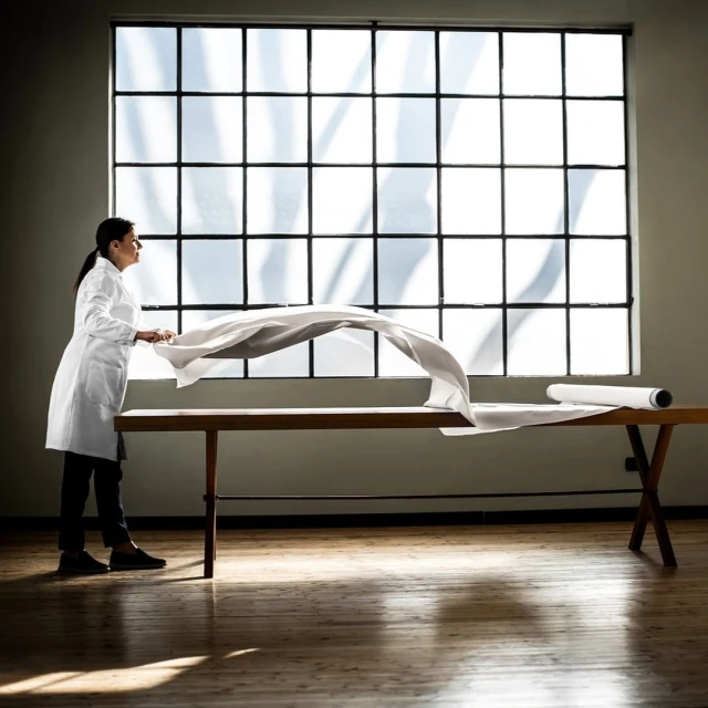 Woman in lab coat adjusts white fabric on a wooden table in front of a large grid window in a brightly lit room with wood floors.