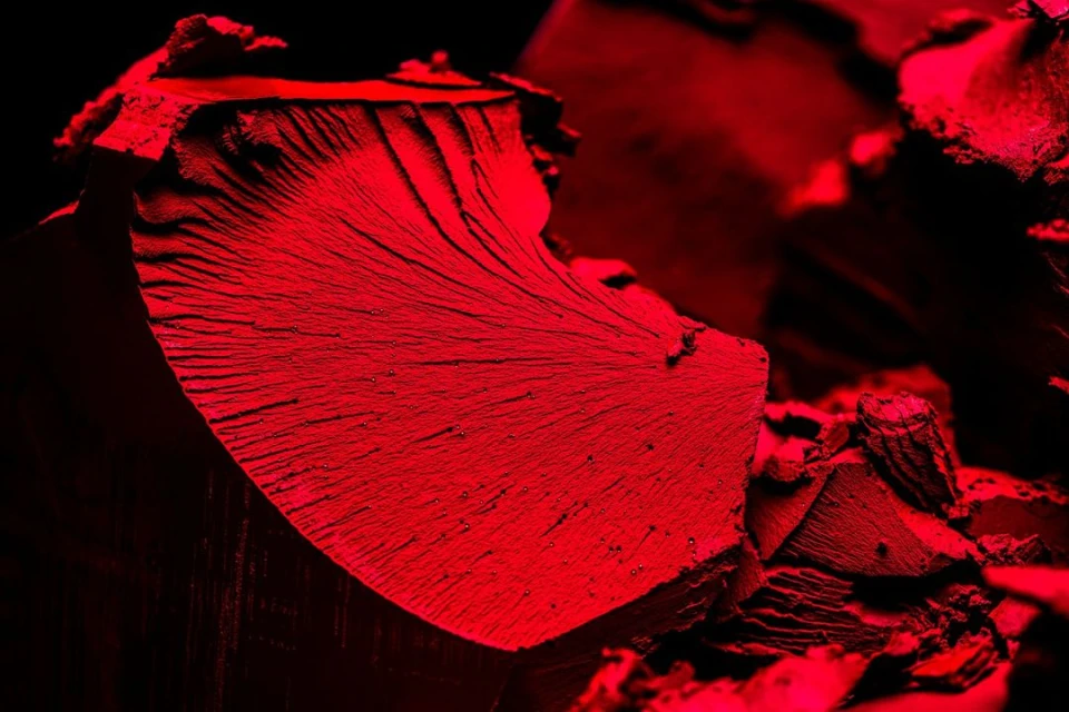 Macro shot of a rock formation under a red light, revealing its layered texture and fractured surface, set against a dark background.