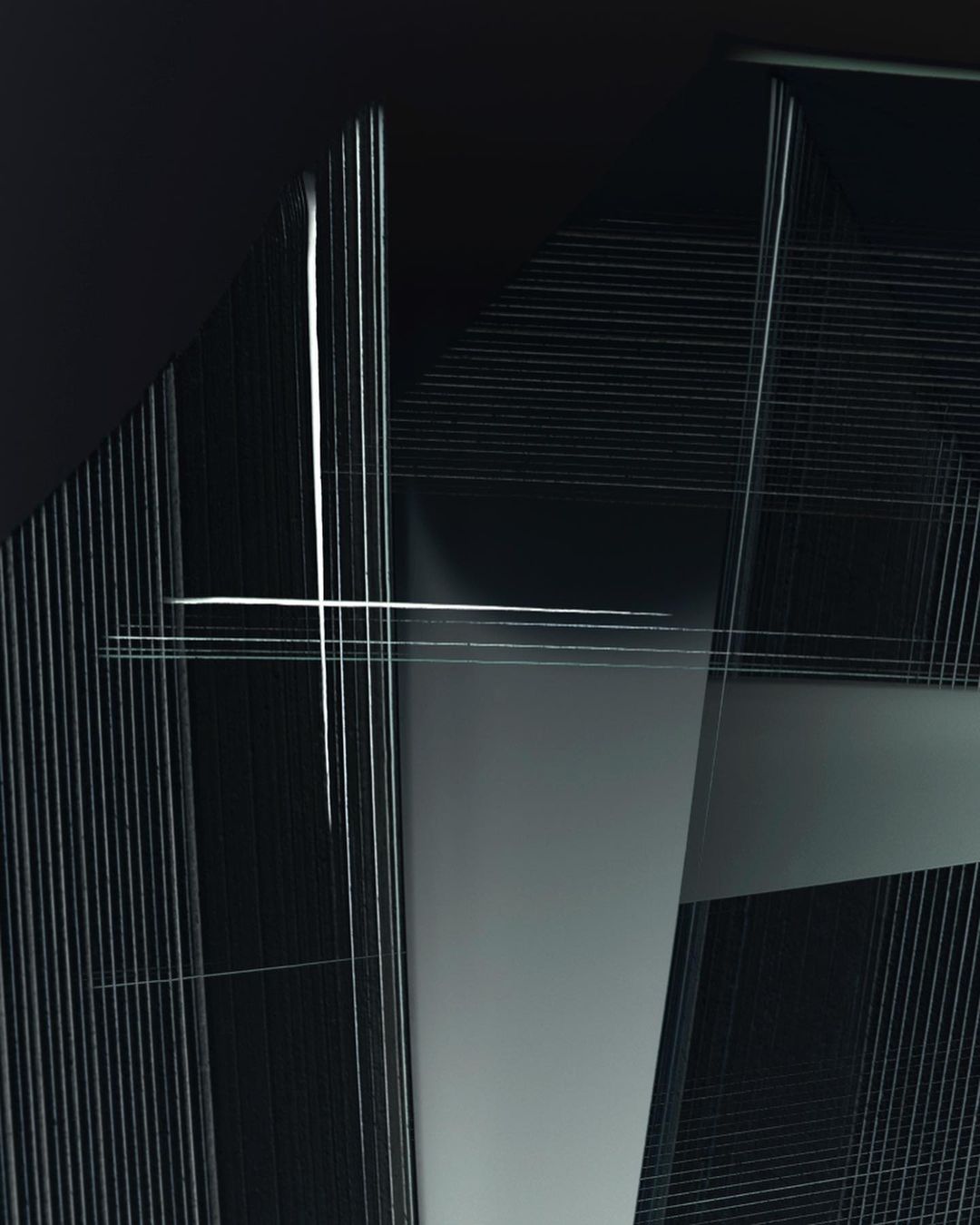 Abstract architectural art with geometric shapes, converging lines, and contrasting light and shadow on a dark monochrome background.