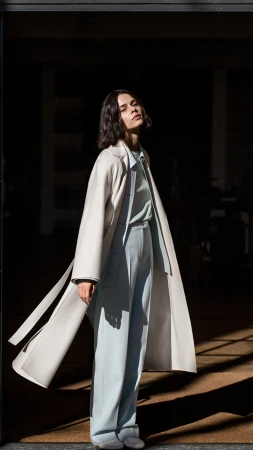 Fashion shot of a woman in a white coat and light blue pants standing in a doorway with light and shadow on the floor.