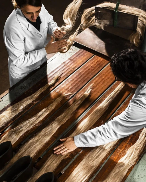 Two workers in lab coats handle long strands of natural fiber on a slatted wooden table in a bright, indoor environment.