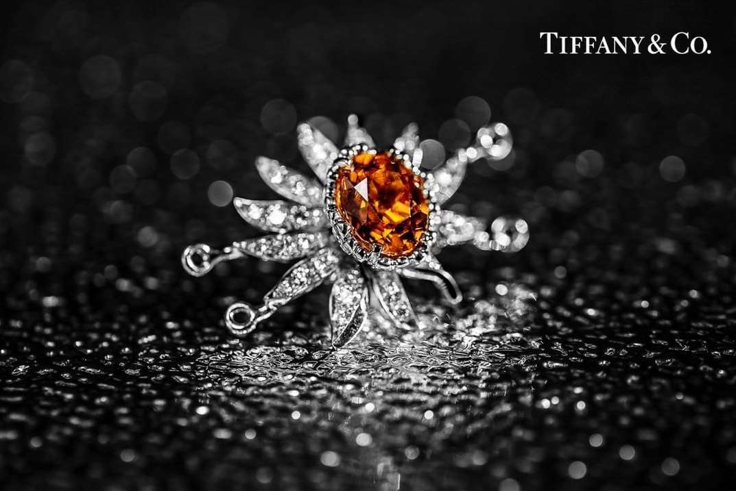 Close-up of a silver brooch with an orange gemstone on a glittery black surface, showcasing luxury jewellery. Tiffany & Co. logo in the background.