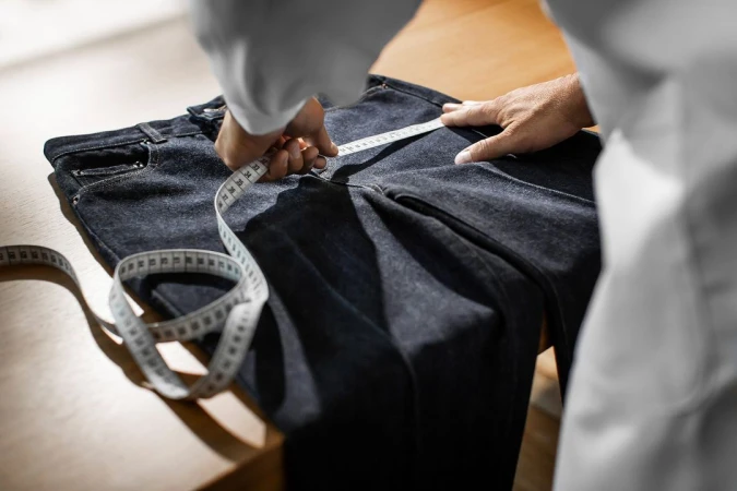 Denim jeans are being measured with a white measuring tape on a wooden table, with a person in a white coat standing behind.