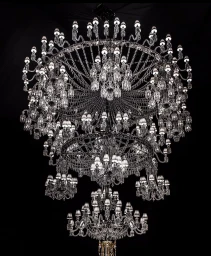 Massive multi-tiered crystal chandelier illuminated against a solid black background, captured in Paris by Pol Baril.