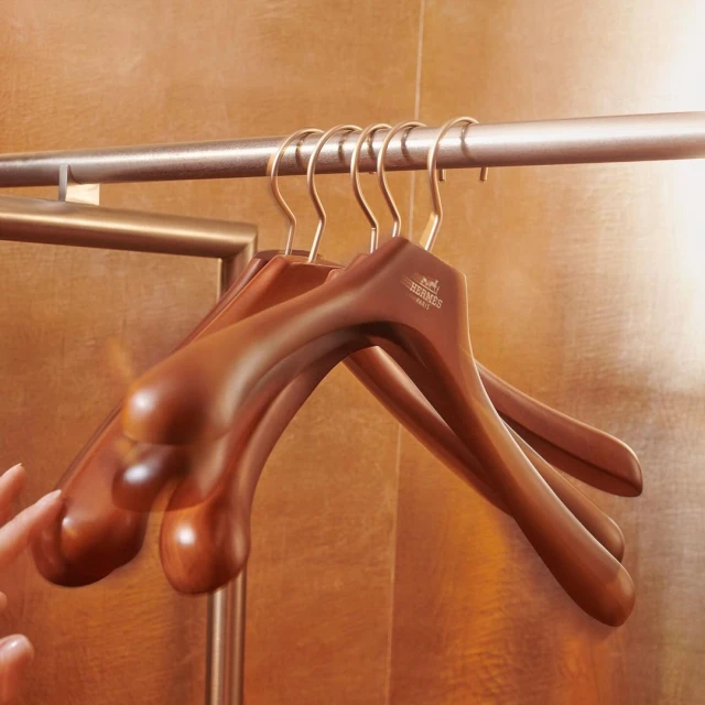 Several wooden hangers hang on a metal rod against a textured gold background in a close-up shot showcasing fashion design.