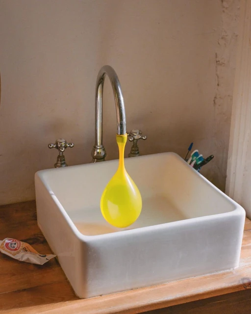 Yellow water balloon attached to faucet over white porcelain sink with toothbrush holder on a wooden countertop indoors.