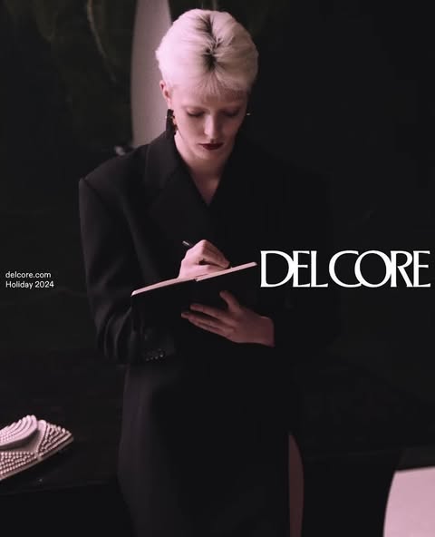 Woman in black blazer taking notes in notebook with DELCORE logo overlay. Dark lighting, neutral colors, fashion editorial style image.