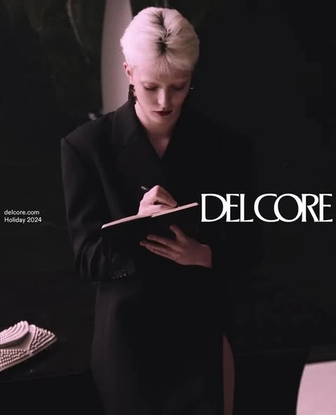 Woman in black blazer taking notes in notebook with DELCORE logo overlay. Dark lighting, neutral colors, fashion editorial style image.