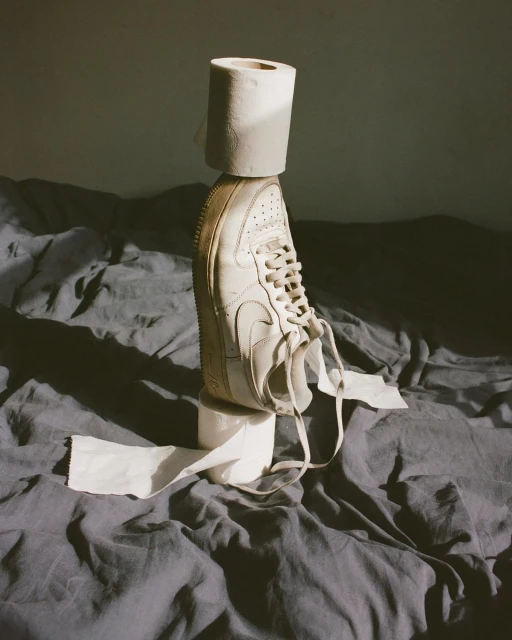 Artistic still life composition featuring a white Nike Air Force 1 sneaker balanced between two rolls of toilet paper on a bed.