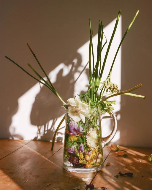 Sunlit still life of a clear glass pitcher filled with vibrant flowers and water on a wood floor, casting soft shadows on the wall.
