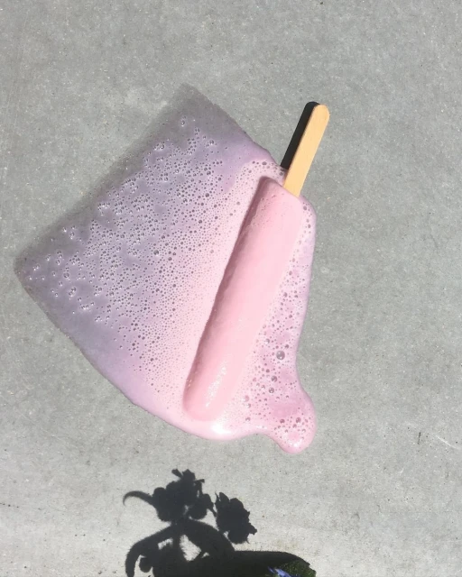 A melted pink popsicle with a wooden stick sits on a gray surface in bright, natural light, casting a shadow of a flower.