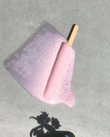 A melted pink popsicle with a wooden stick sits on a gray surface in bright, natural light, casting a shadow of a flower.
