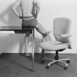Monochrome image of a person sitting on a dark glass table next to an office chair in a studio setting.