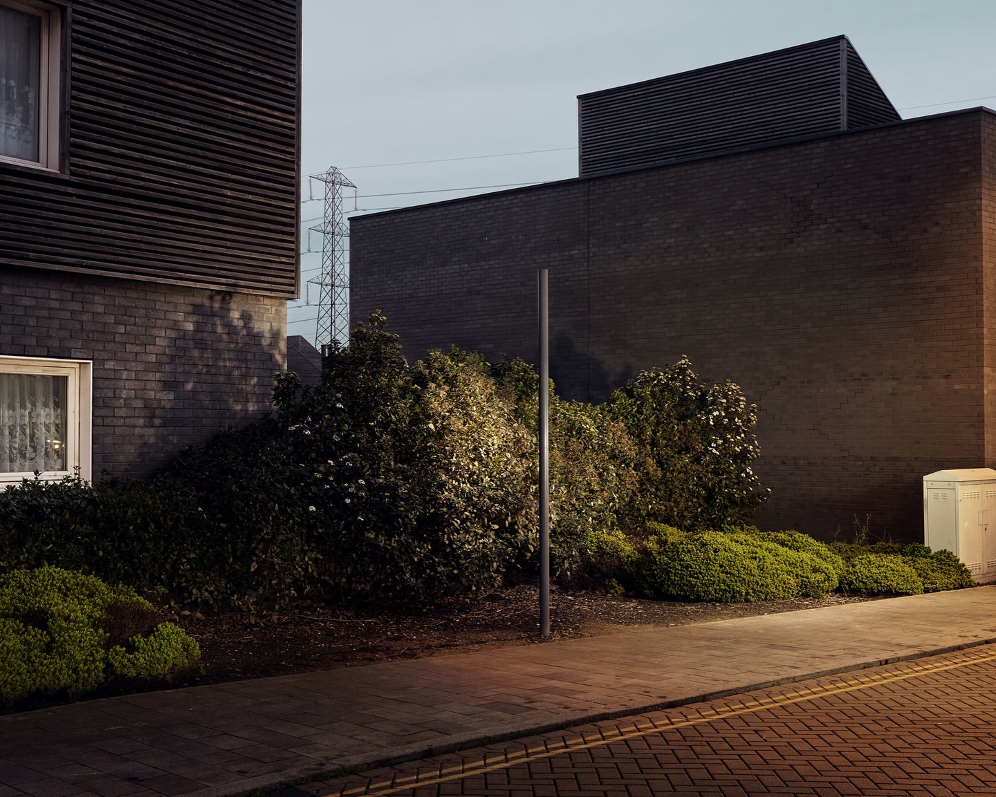Urban scene features modern brick buildings, green shrubs, and a yellow-striped sidewalk under a twilight sky, capturing a quiet neighborhood corner.