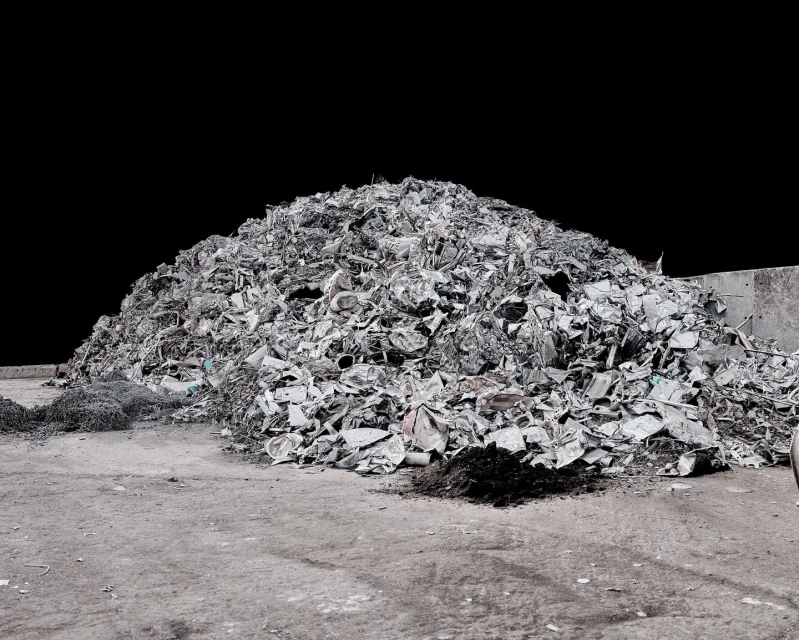 Large pile of crushed and compacted silver metal scrap, with a flat, grey, concrete surface under it, and a dark background.