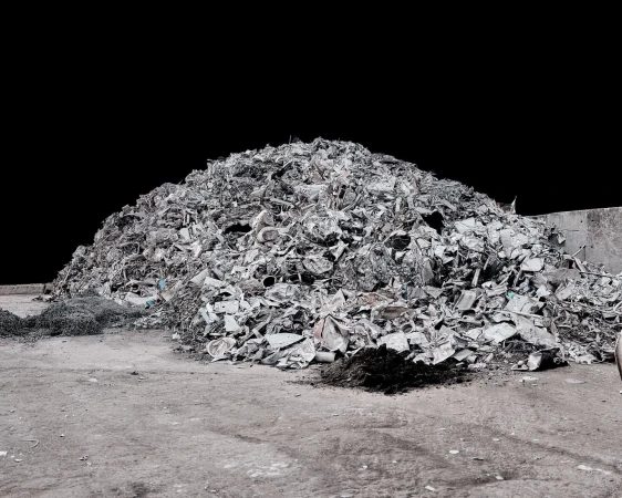 Large pile of crushed and compacted silver metal scrap, with a flat, grey, concrete surface under it, and a dark background.
